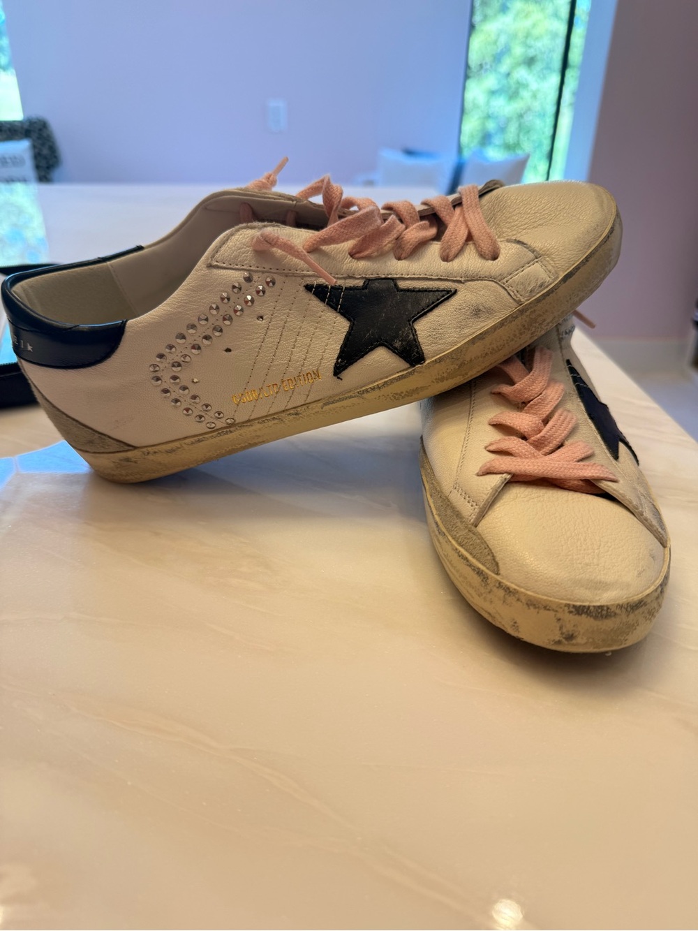 Golden Goose Women’s- Super-Star LTD with Blue Leather Star and Decorative Studs